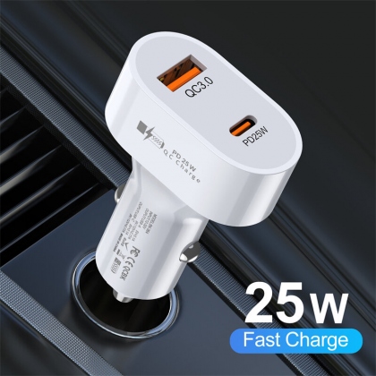 USLION PD25W 2-Port USB PD Car Charger Adapter USB-A+USB-C PD QC3.0 Fast Charging for iPhone 15 14 13 for Huawei Mate60 Pro for Samsung Galaxy Z Flip4 for Xiaomi 13pro