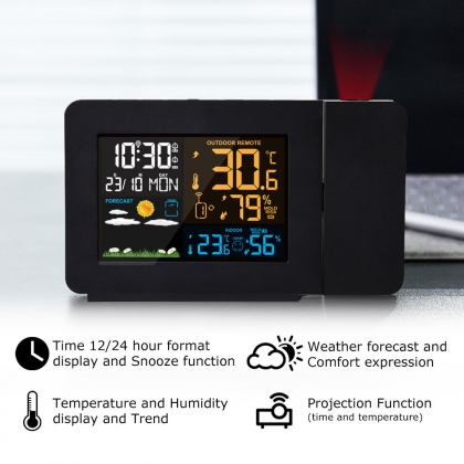 FanJu FJ3391 Multifunctional Weather Station Projector Clock Color Screen Time Temperature Projection Weather Forecast Humidity Calendar Dual Alarm Clock Digital Clock with Wireless Sensor