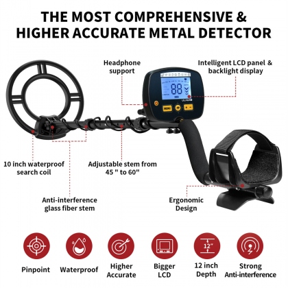 USA Direct GC1071 Metal Detector Waterproof IP68 with Advanced DSP Chip 10 Inch Coil 5 Search Modes LCD Display Best Gold Detectors for Treasure Hunting