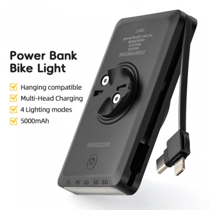 2 in 1 ROCKBROS 5000mAh Battery Bike Headlight Type-C IPX6 Waterproof 4 Light Modes Power Bank Phone Front Light for Night Cycling Camping COD