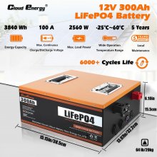 [US Direct] Cloudenergy LiFePO4 Battery 12V 300Ah 3.84kWh 2560W Deep Cycle with Longer Runtime Built-in 100A BMS 6000+Cycles & 10 Year Lifetime Perfect in Solar/Energy Storage System RV, Marine, Backu