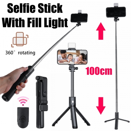 H1S 3-IN-1 Extendable bluetooth Tripod Selfie Stick With 2-Gear Stepless Dimming Light LED Fill Light for Mobile Phone COD