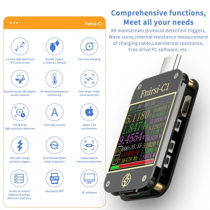 FNIRSI-C1 Type-C PD Trigger USB-C Voltmeter Ammeter Fast Charging Protocol Test Type-C Meter Power Bank tester With PC Software COD