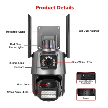 3MP+3MP Dual Lens Wifi Camera Outdoor Dual-Screen AI Auto Tracking PTZ IR Color Night Vision Onvif 2-Way Audio Surveillance Camera iCSee COD