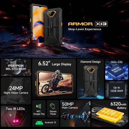 Ulefone Armor X13 50MP Camera Night Vision Camera 12GB 64GB 6.52 inch 6320mAh NFC Android 13 Helio G36 IP68 IP69K Waterproof 4G Rugged Smartphone COD