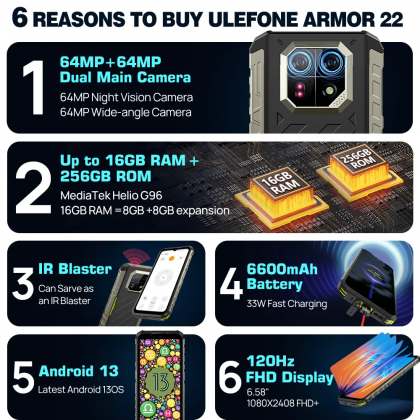 Ulefone Armor 22 64MP Dual Camera 64MP Night Vision 16GB 128GB/256GB Helio G96 NFC 6.58 inch 120Hz Android 13 6600mAh 33W Fast Charge IP68 IP69K Waterproof 4G Rugged Smartphone