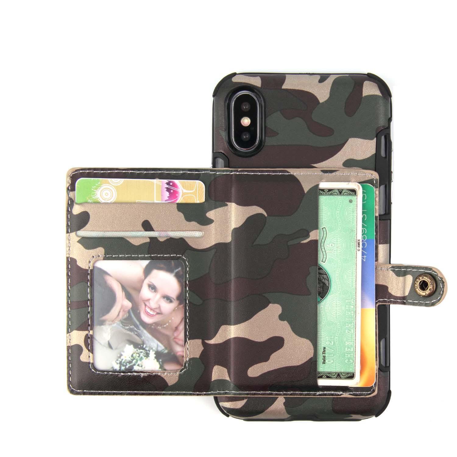 Camouflage Wallet Card Slots Protective Case For iPhone X PU Leather+TPU Cover COD