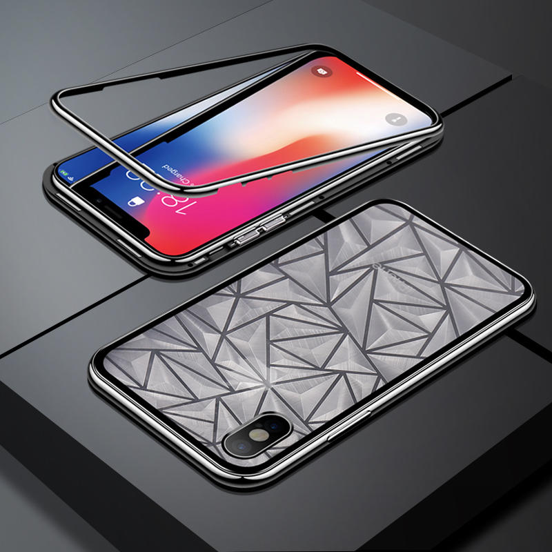 Bakeey Diamond Pattern Magnetic Adsorption Full Body Tempered Glass Back Cover+PC Frame Protective Case For iPhone X COD