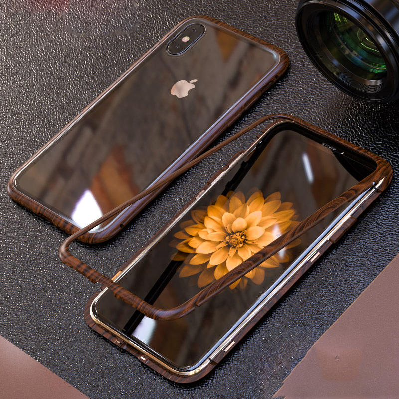 Luphie Wood Pattern Magnetic Adsorption Metal Tempered Glass Protective Case For iPhone X COD