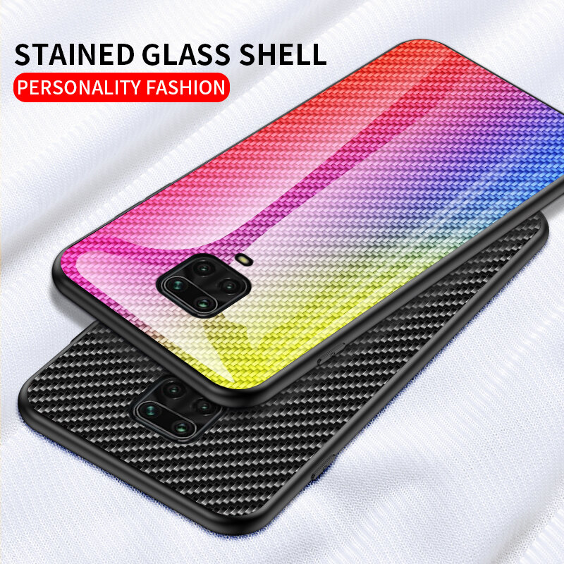 Bakeey for Xiaomi Redmi Note 9S / Redmi Note 9 Pro Case Carbon Fiber Pattern Gradient Color Tempered Glass Shockproof Scratch Resistant Protective Case Non-original