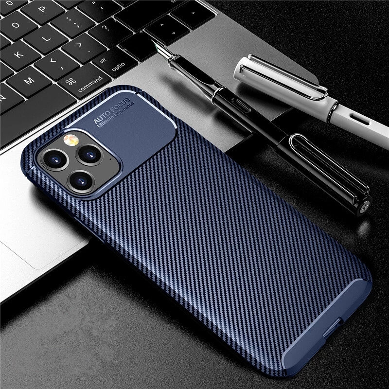 Bakeey for iPhone 12/ 12 Pro 6.1" Case Luxury Carbon Fiber Pattern with Lens Protector Shockproof Silicone Protective Case COD
