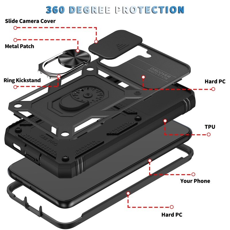 Multi-layers Shockproof Mobile Phone Case with Metal Patch Ring Holder Hard PC+TPU Protective Case for Samsung Galaxy S23 Ultra COD