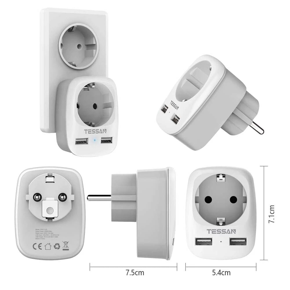 TESSAN TS-611-DE EU 3-in-1 4000W Wall Socket Extender with 1 AC Outlets/2 USB Ports 5V 2.4A Power Adapter Overload Protection Sockets for Home/Office COD