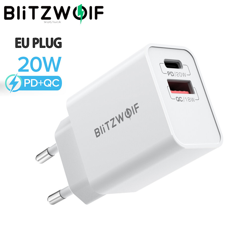 BlitzWolf® BW-S20 20W 2-Port PD3.0 QC3.0 Wall Charger Support FCP AFC Fast Charging EU Plug Adapter for iPhone 13 14 15 15 Pro/Pro Max for Samsung Galaxy S23 for Xiaomi 13pro