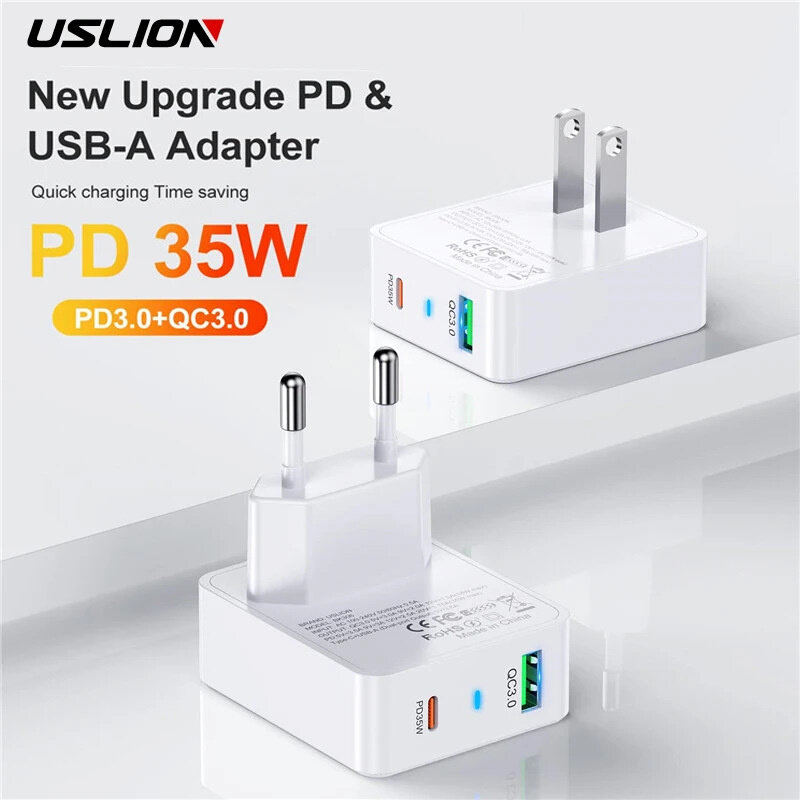 [GaN Tech] USLION BK306 PD35W 2-Port USB PD Charger USB-A+USB-C PD3.0 QC3.0 PPS AFC SCP SSCP Fast Charging Wall Charger Adapter EU Plug for iPhone 15 14 13 for Huawei Mate60 Pro for Samsung Galaxy Z F