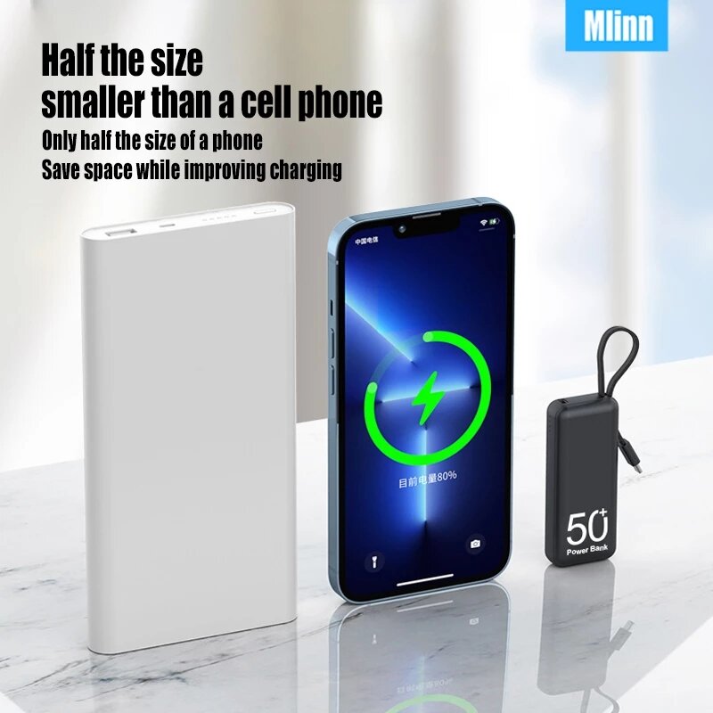 Mini 5000mAh Portable Power Bank Built in Cable External Spare Battery Pack Mini Power Bank for iPhone 14 13 for Samsung S22 Xiaomi 12S COD