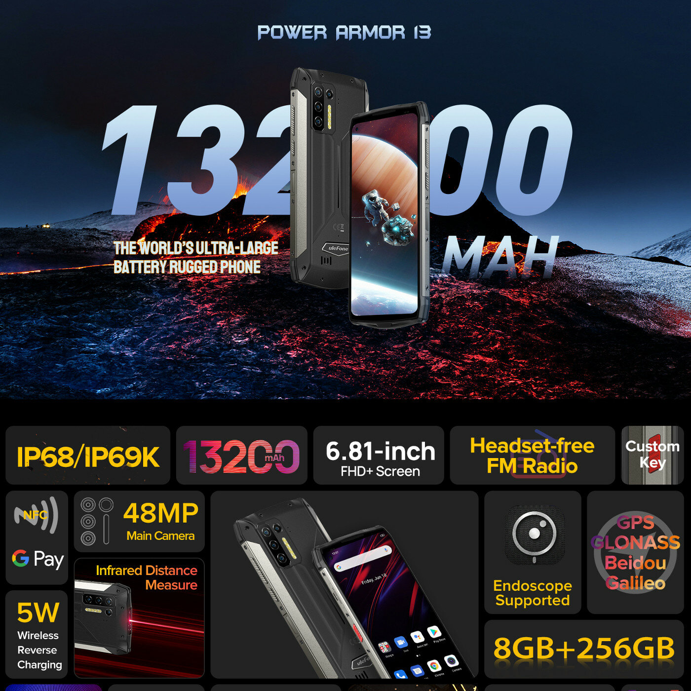 Ulefone Power Armor 13 13200mAh Battery 8GB 128GB 256GB 48MP Quad Camera 6.81 inch Wireless Charge NFC Helio G95 IP68 IP69K Waterproof 4G Rugged Smartphone