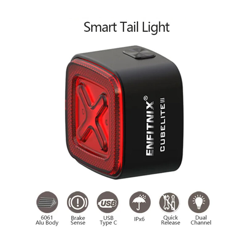 Enfitnix Cubelite III Smart Bike Taillight Brake Sense 400mAh Battery 4 Light Modes USB-C Rechargeable IPX6 Waterproof Wear-resistant Aluminum Shell Bicycle Rear Light for Night Cycling