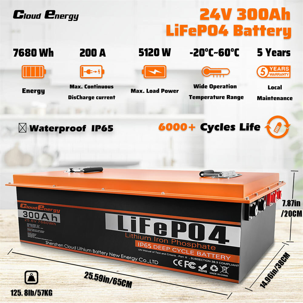 [US Direct] Cloudenergy 24V 300Ah LiFePO4 Battery Pack Backup Power 7680Wh 2560W Energy 6000+ Cycles Built-in 200A BMS Support in Series/Parallel, Perfect for Replacing Most of Backup Power, RV, Boats