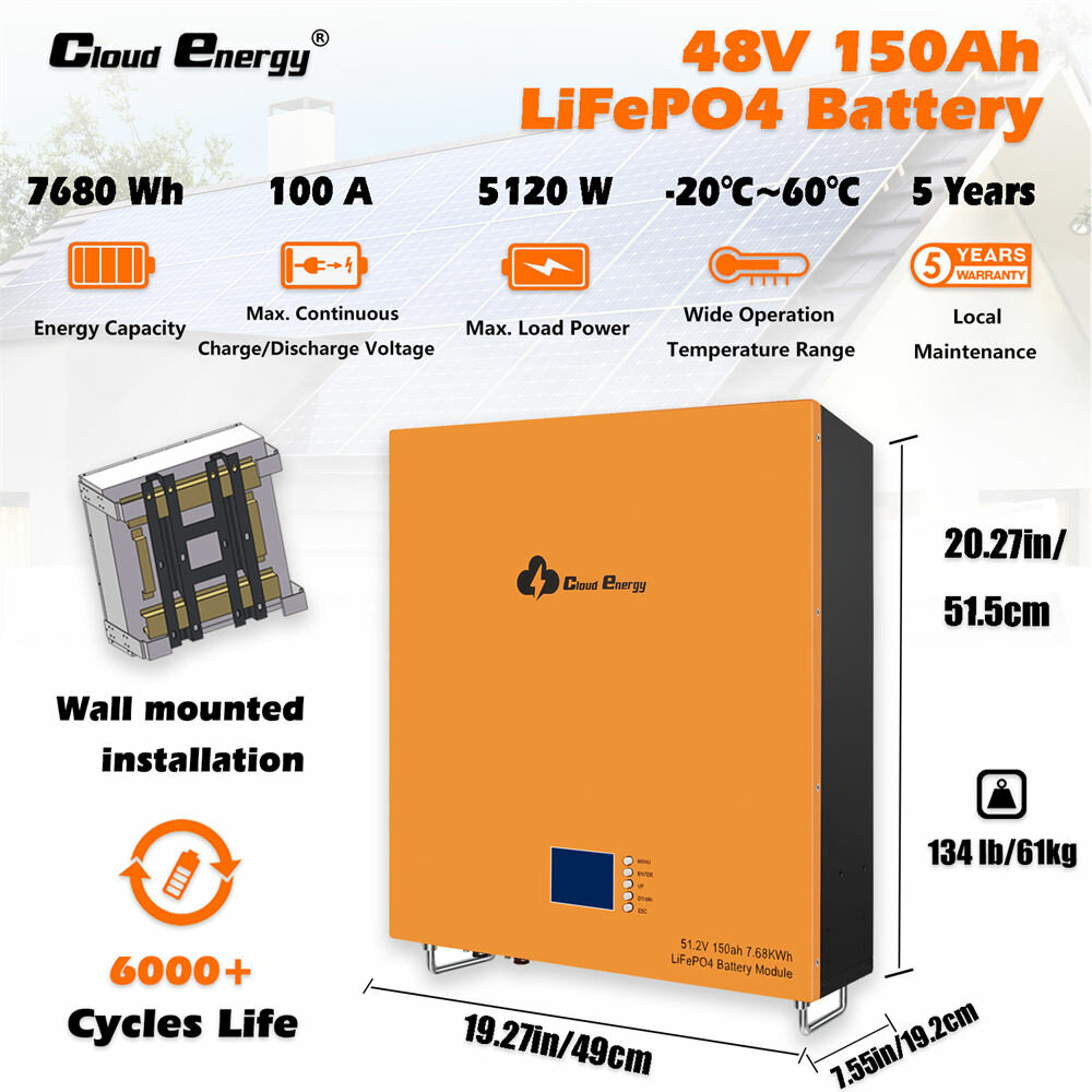 [US Direct] Cloudenergy 48V 150Ah LiFePO4 Battery Wall Mounted Lithium Deep Cycle Battery Pack 7680Wh 5120W Energy 6000+ Life Cycles Built-in 100A BMS, for RV, Solar, Marine, Overland, Off-Grid CL48-1