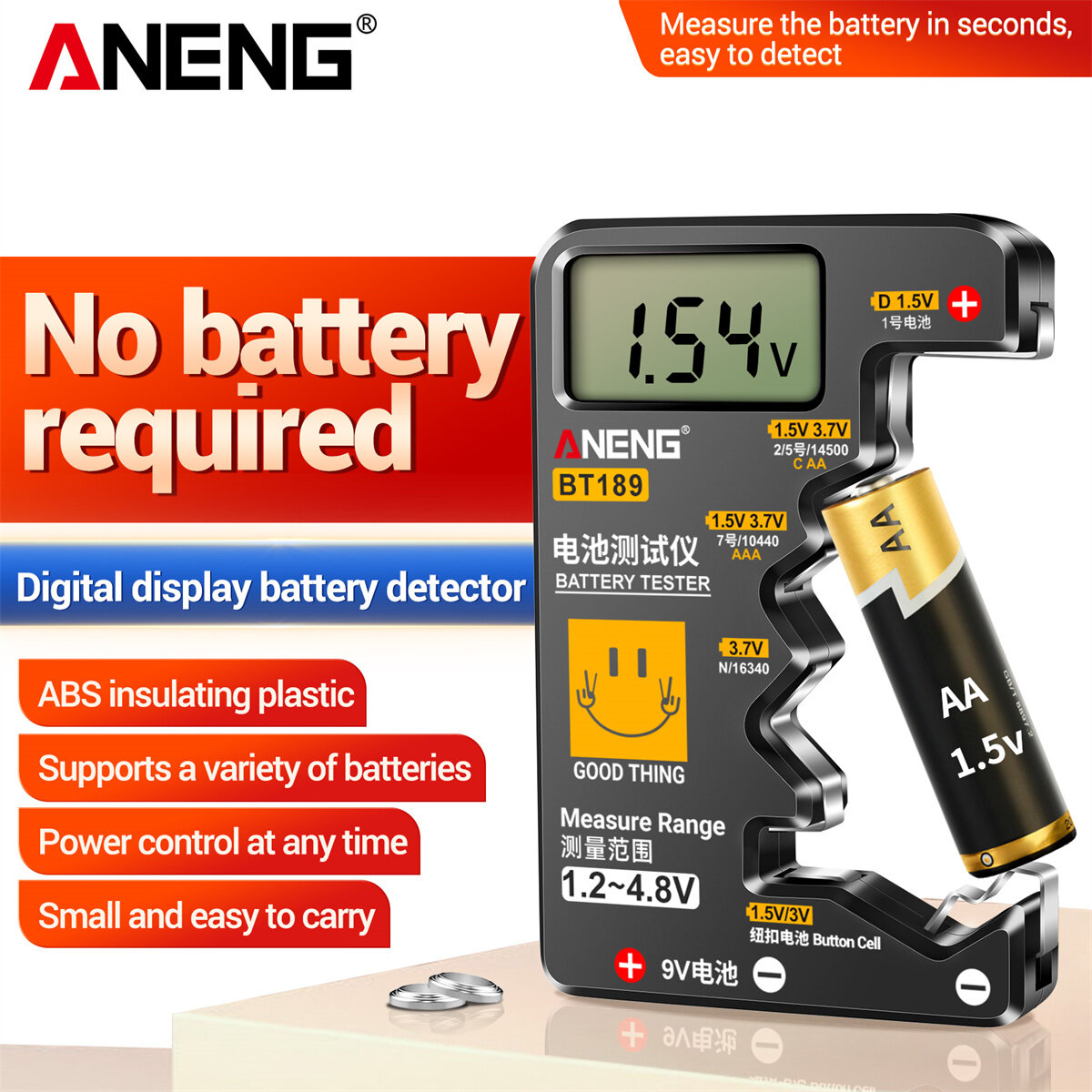 ANENG BT189 Digital Battery Tester LCD Display AA AAA 9V 1.5V 3V Button Battery Capacity Checker Load Analyzer COD