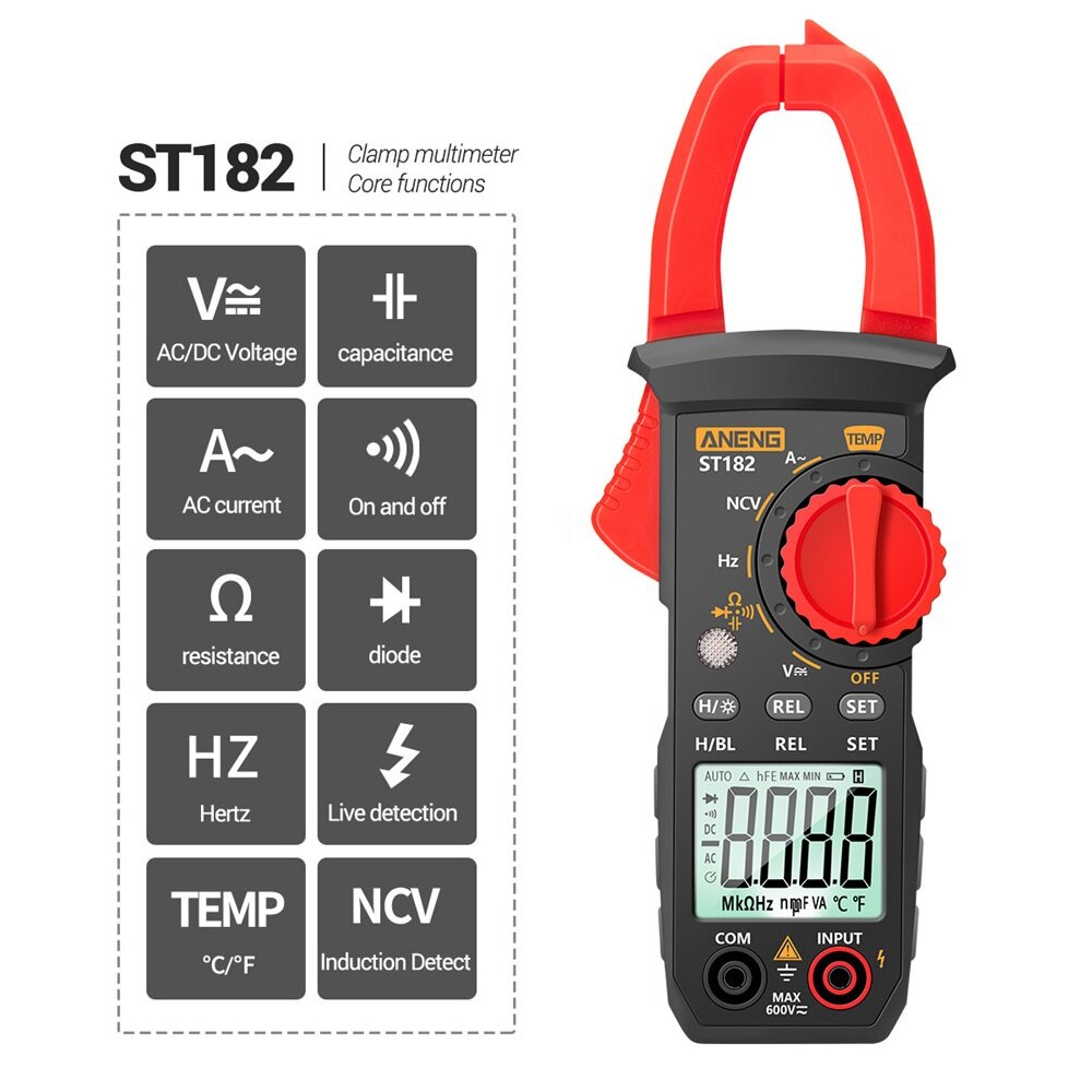 ANENG ST182 Digital Clamp Meter DC/AC Voltage Tester Clamp Multimeter Hz Capacitance NCV Ohm Test COD