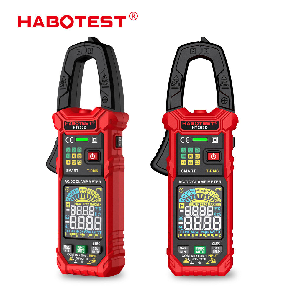 HT203D Multifunction Digital Clamp Meter Measures AC DC Voltage Current Resistance Capacitance Frequency Temperature with High Precision Accurate Readings Safety Rated Backlight Functionality