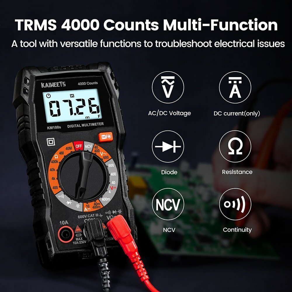 EU US Direct Kaiweets KM100S Digital Multimeter True-RMS Backlit for AC DC Voltage Current Resistance Capacitance Measures Ideal for Household Automotive and Industrial Usage