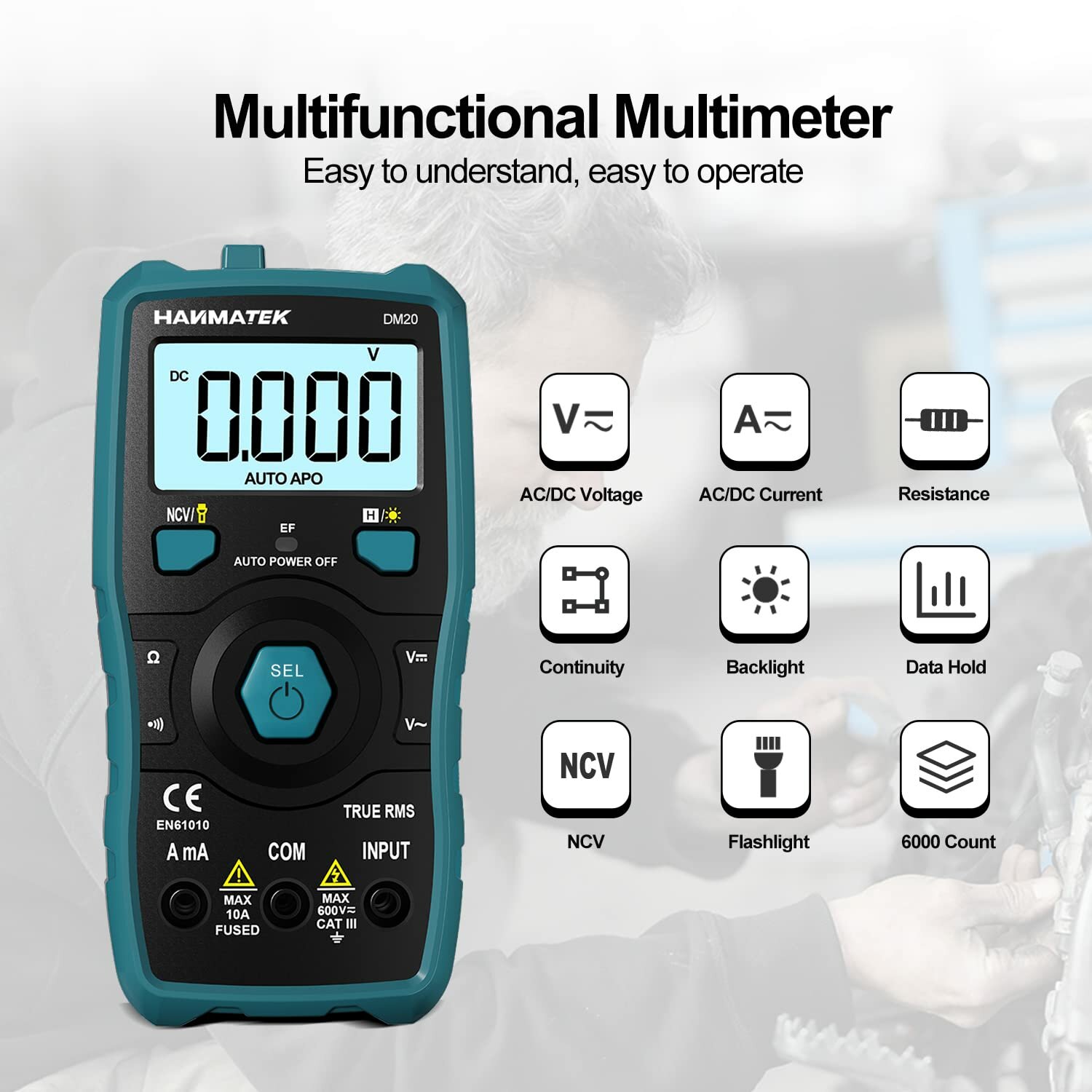 HANMATEK DM20 Digital Multimeter Auto-Ranging 6000 Counts Smart Electrical Tester with Non-Contact Voltage Function Safe Reliable for AC/DC Voltage Current Resistance Continuity Measurements