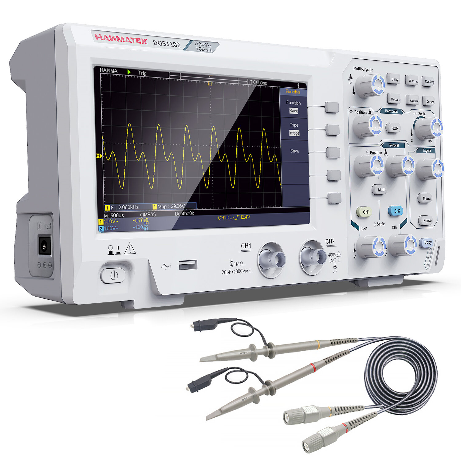 HANMATEK DOS1102 Digital Oscilloscope Portable 110MHz Bandwidth 500 MS/s Sampling 7 Inch LCD Display Dual Channels with Built-in FFT Spectrum Analysis Labview SCPI compatible USB Connectivity