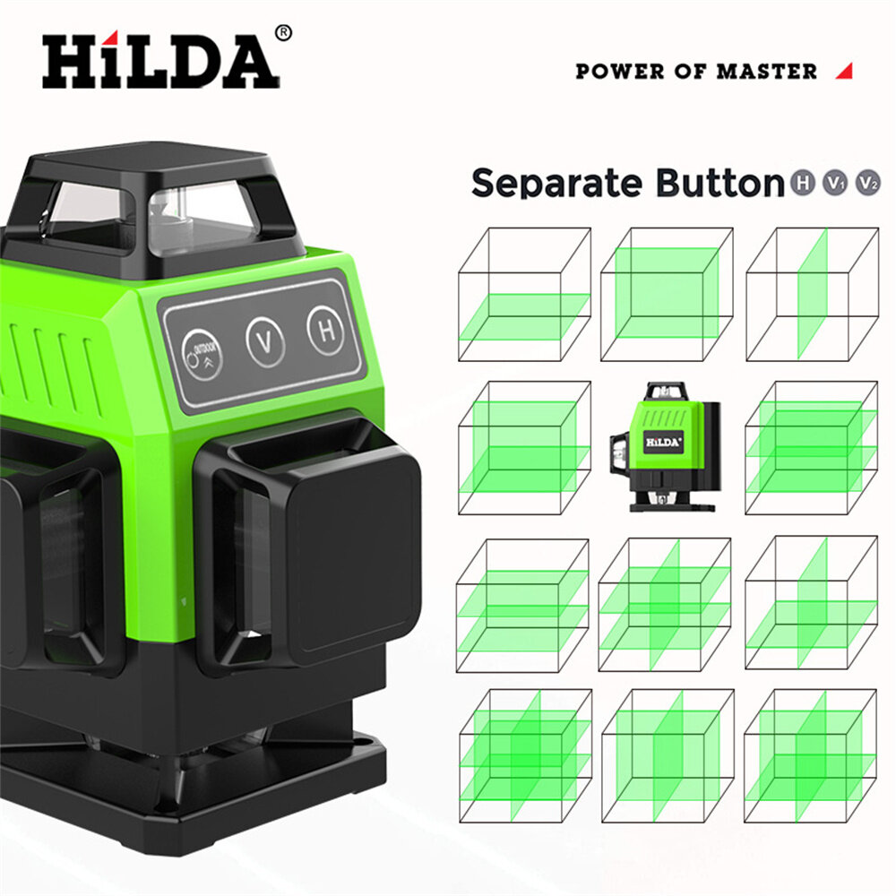 HILDA Green Light Laser Level High Accuracy 12-Line 3D 16-Line 4D User-friendly Wall Attachable Battery Powered Construction Tool Lithium Battery Remote Control