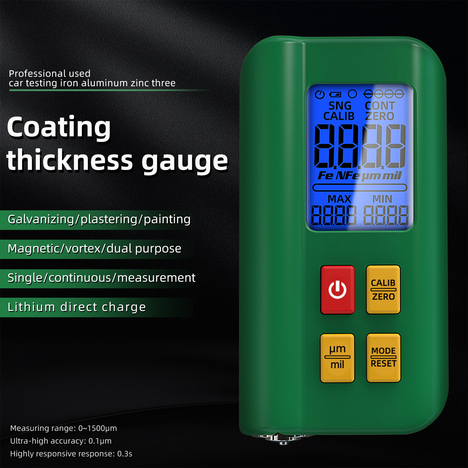 BSIDE Coating Thickness Gauge Rechargeable Car Paint Film Thickness Tester Tool 0.1micron/0-1500µm Fe/NFe MAX/MIN Measuring COD