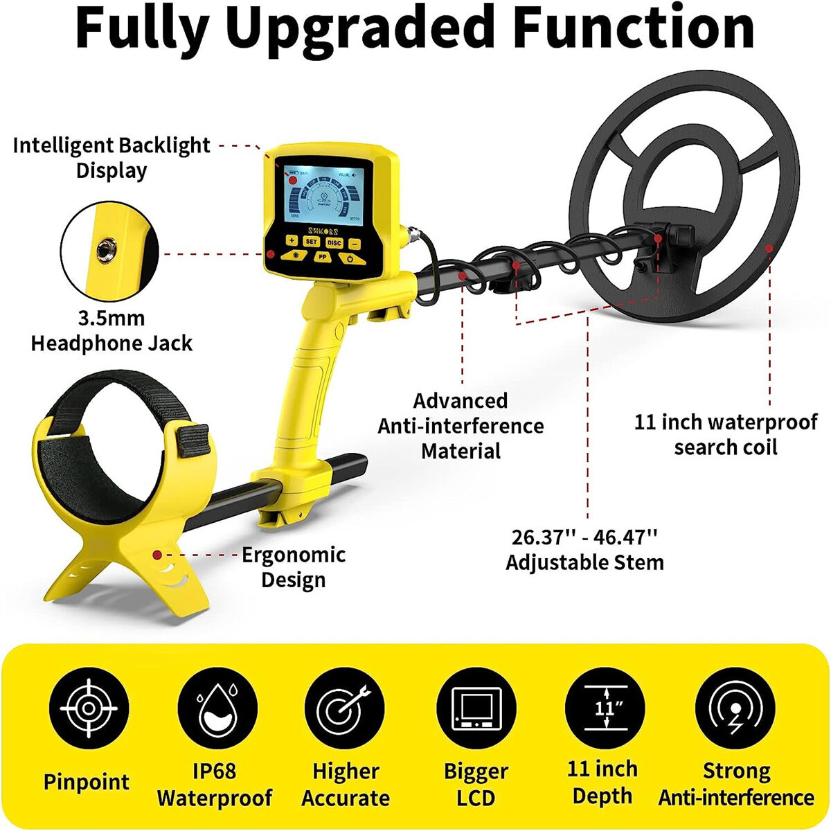 USA Direct Advanced Metal Detector with 11-inch Waterproof Coil 5 Modes Up to 11-inch Depth LCD Backlight Screen Adjustable Design Treasure Hunting Beach Essentials