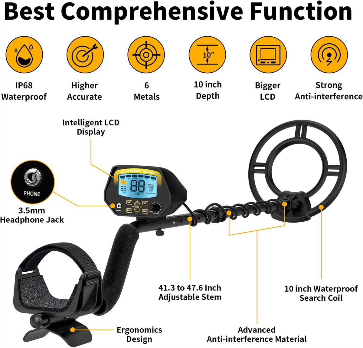 USA Direct Metal Detector Waterproof Professional Gold Finder with LCD Display 10" Coil Advanced DSP Chip Deep Detection Treasure Hunter COD