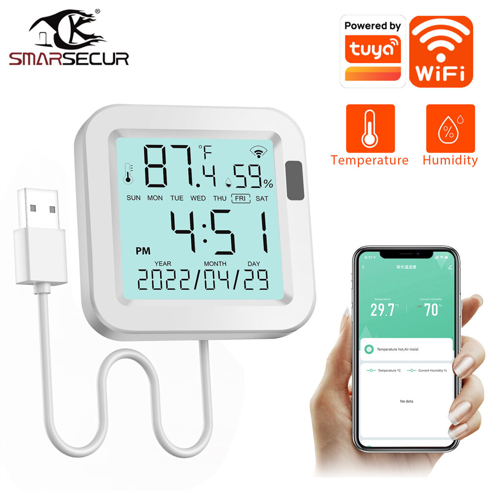 Smarsecur Smart Wifi Temperature and Humidity Sensor with Real Time Monitoring, Adjustable Temperature Modes Remote Access Energy Efficient Anti-Tamper Design Works with Smartphone Ideal for Home Clim