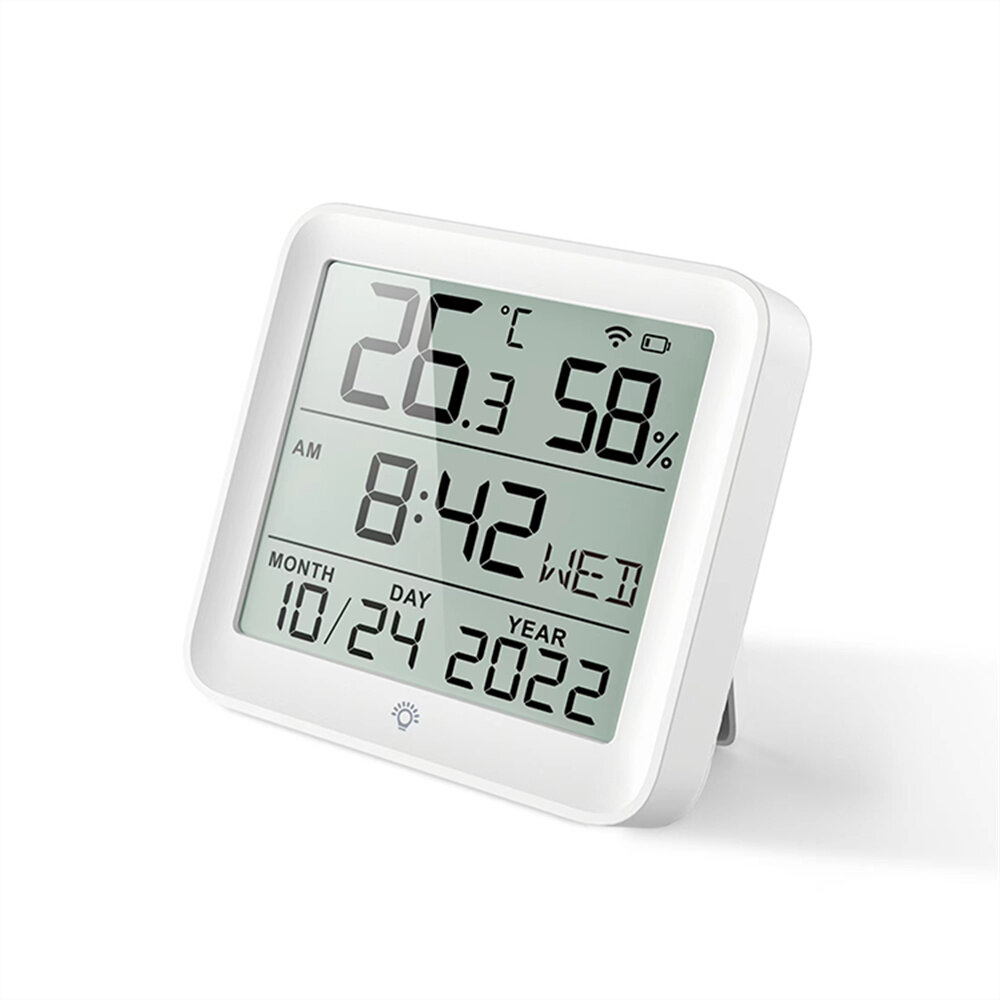 WiFi Connected LCD Display Temperature and Humidity Monitor with Multi-Function Clock and Alarm Features Supports Celsius and Fahrenheit Long Standby Time Ideal for Indoor Environment Monitoring