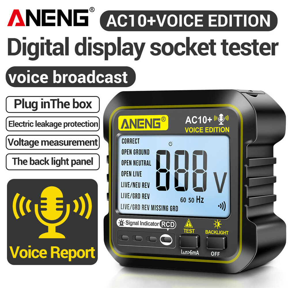 ANENG AC10+ Digital Display Socket with LCD Screen Voice Broadcast Leakage Protection Phase Meter Plug For Reliable Performance- Ideal for Standard Power Outlets