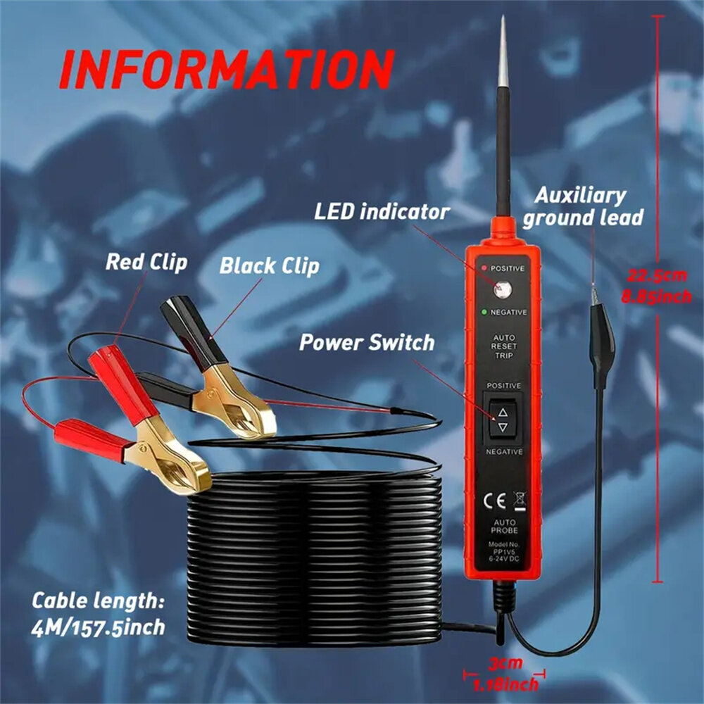 Power Probe Tester Circuit 6-24V DC Test Light Short Circuit Automotive Component Electrical Polarity Identify Continuity Tester , Overload Protection