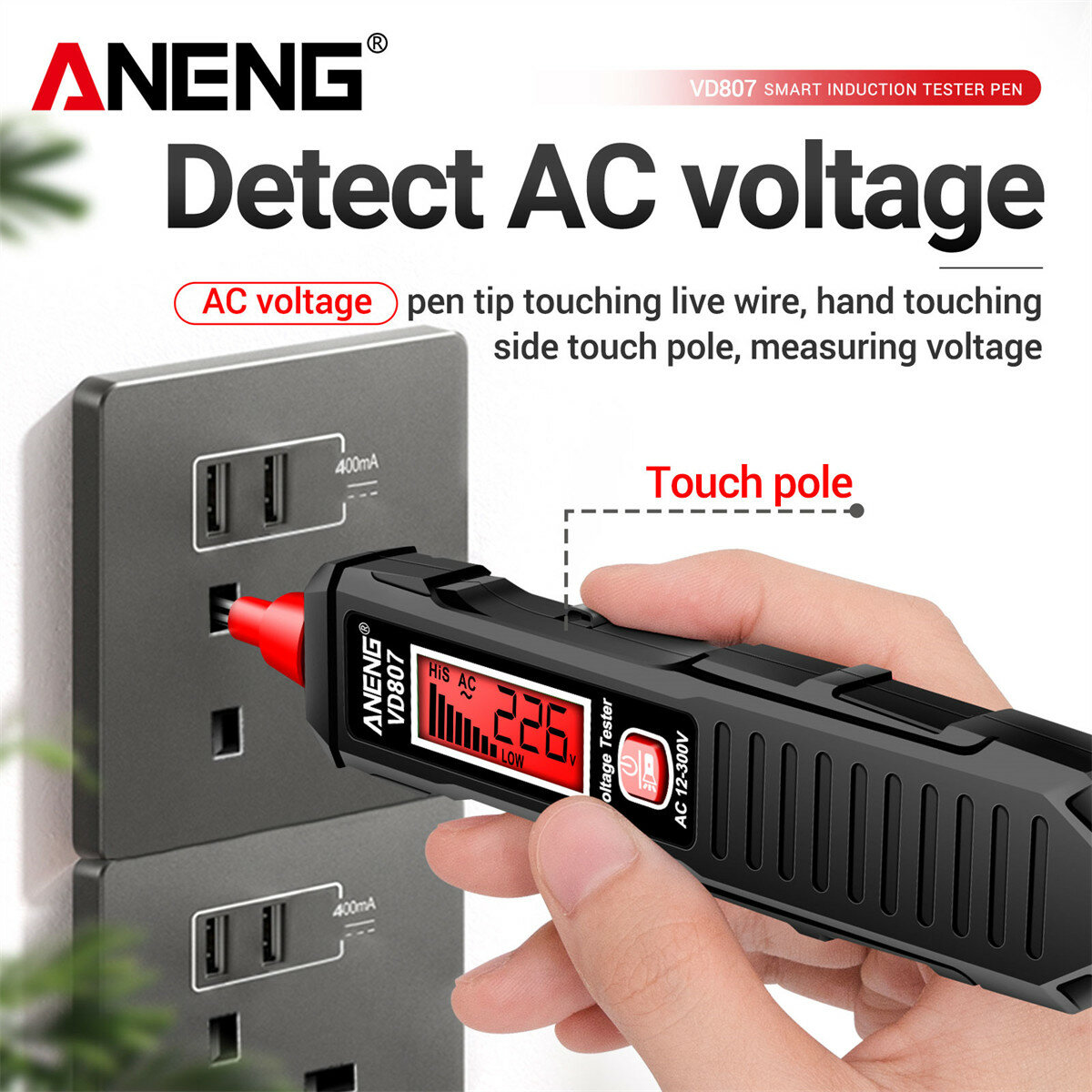 ANENG VD807 Voltage Tester Pen High-Sensitivity Induction 12-300V Measurement Range with Sound and Light Alarm System LED Lighting Auto Power Off Safety Tool for Household and Professionals