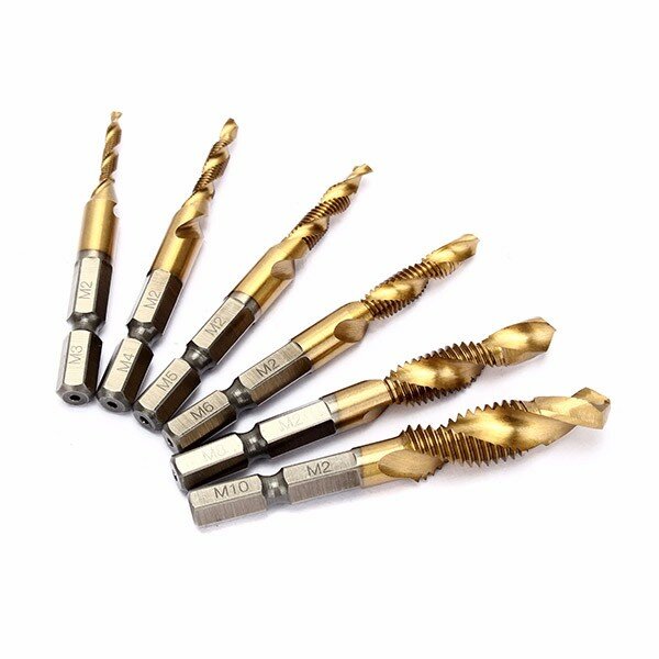 Drillpro 6pcs HSS 6542 M3-M10 Combination Drill Titanium Coated Tap Bit Set 1/4 Inch Hexagon Metric Deburr Countersink Bits Screw Thread Metric Tap COD