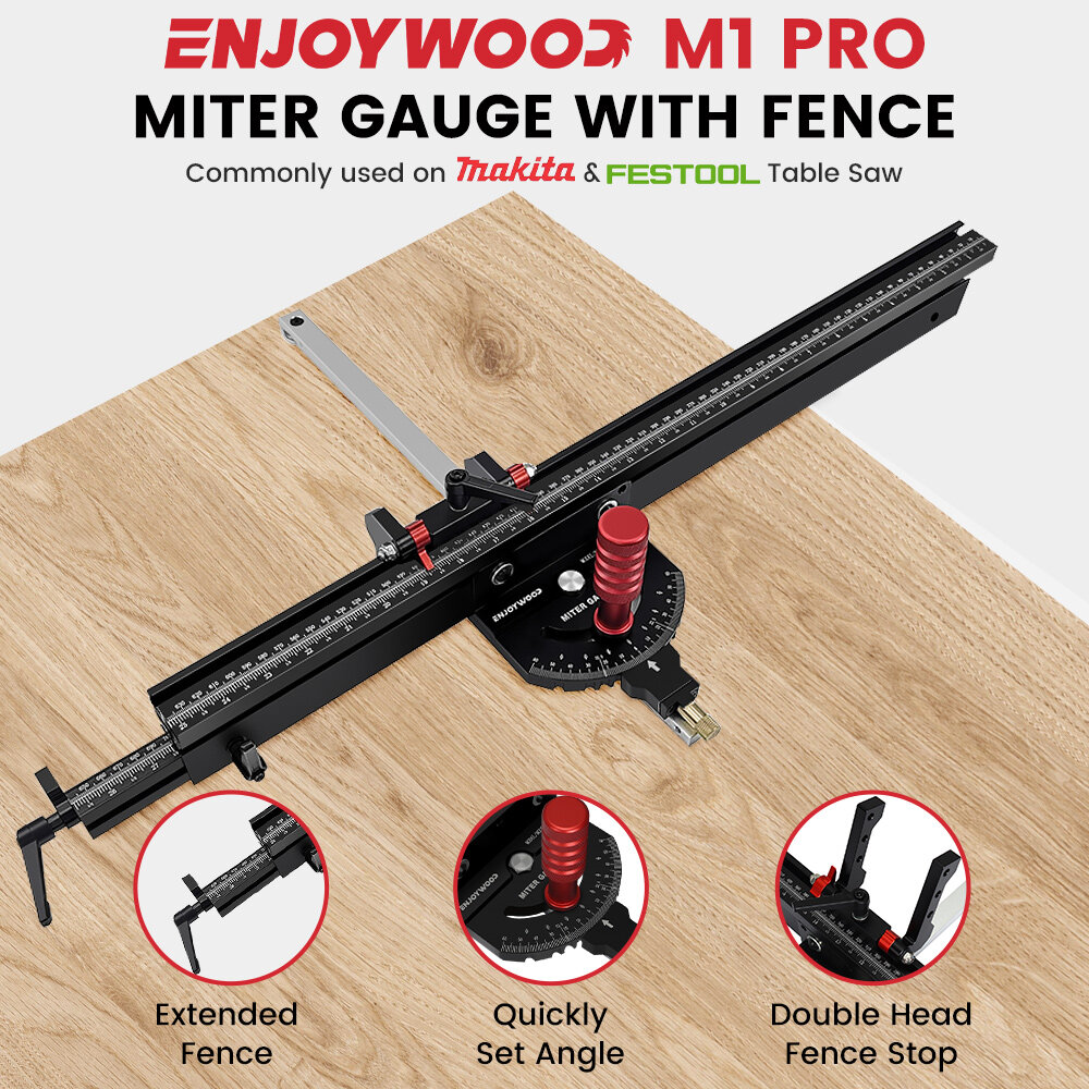 ENJOYWOOD Woodworking M1 Pro Angle Miter Gauge with Extended Fence for Table Saw Router Table Precision Angle Setting Gauge for Wood Cutting Sawing COD