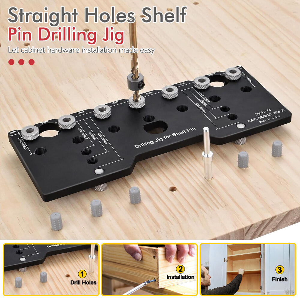 Adjustable Aluminum Alloy Cabinet Hardware Jig Shelf Pin Jig with 2 PCS 1/4 Inch Drill Bits Woodworking Pocket Hole Punch Locator Drill Guide COD